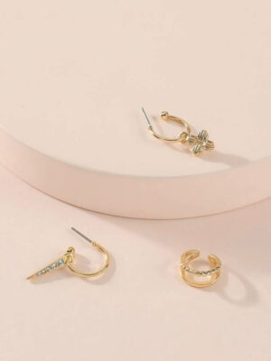 2 piezas/set con diseño de diamante de imitación Pendientes & 1 pieza a capas Cuff de oreja